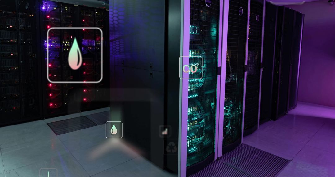 Digital Eco Icons with Computer Servers in Modern Data Center