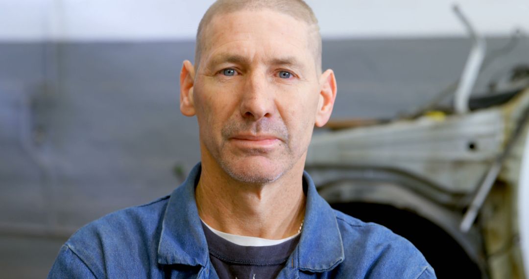 Mechanic in Denim Jacket with Arms Crossed in Garage - Free Images, Stock Photos and Pictures on Pikwizard.com