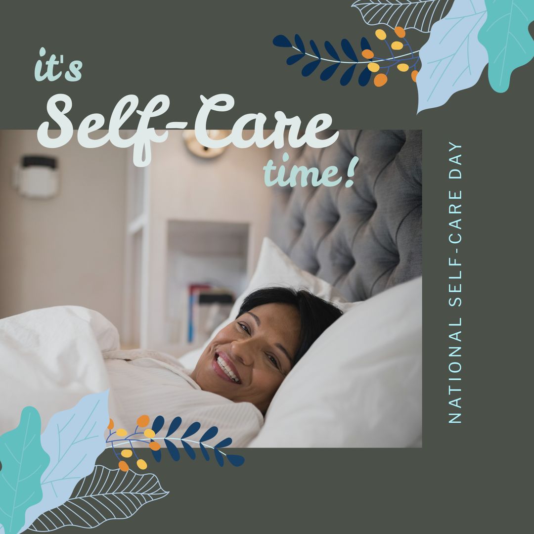 Smiling Woman Embracing Self-Care in Cozy Bedroom