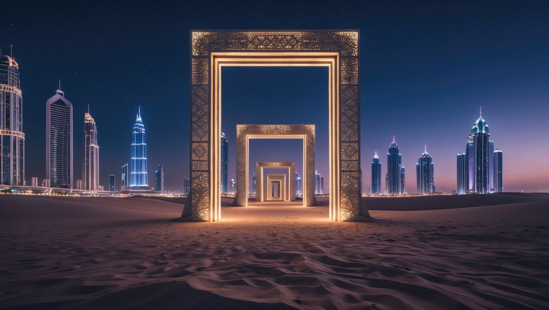 Futuristic Illuminated Arches in Desert with City Skyline at Night