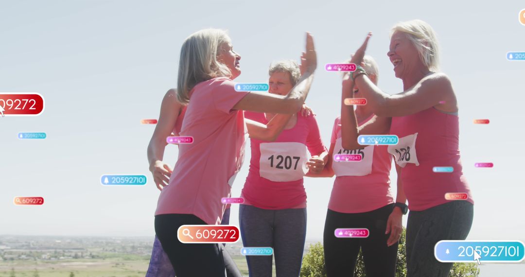 Middle-aged Women Celebrating After Fitness Race with Wearable Tech Data Visualization - Free Images, Stock Photos and Pictures on Pikwizard.com