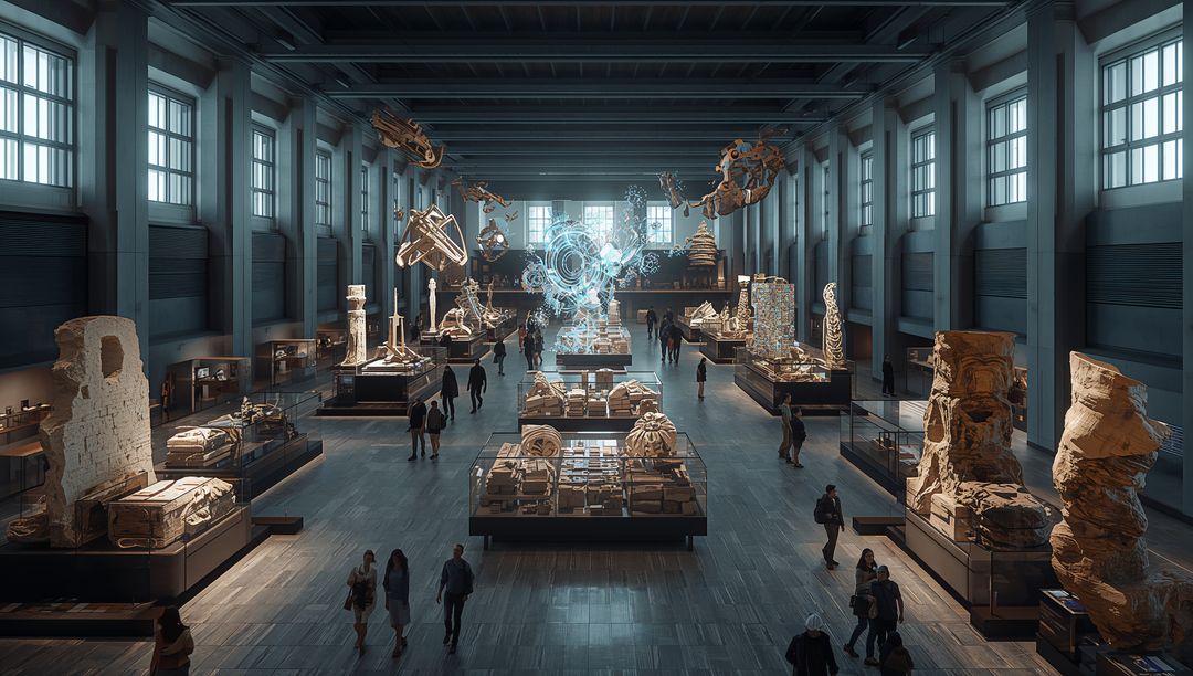 Futuristic museum gallery showcasing holographic kinetic sculpture with concentric geometry