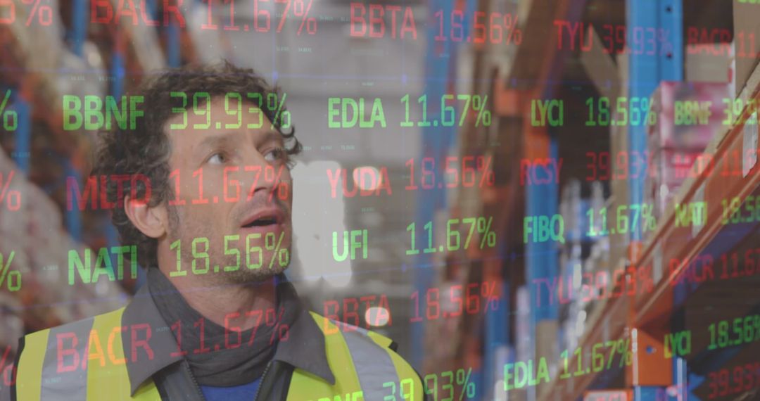 Warehouse Worker Examines Stock Market Indicators Overlay