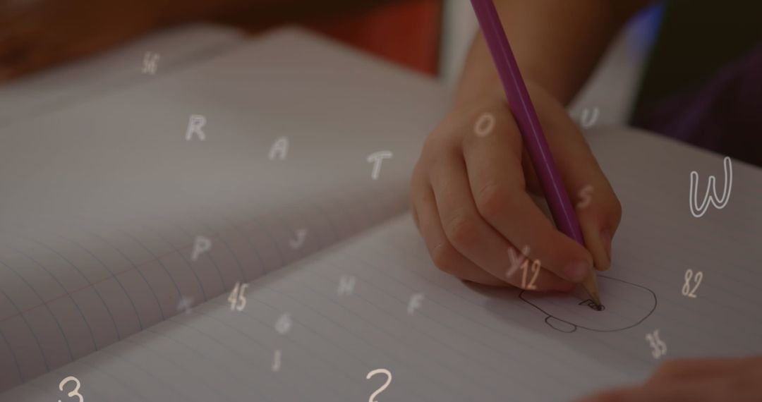 Child Writing in Notebook with Overlaid Letter Graphics