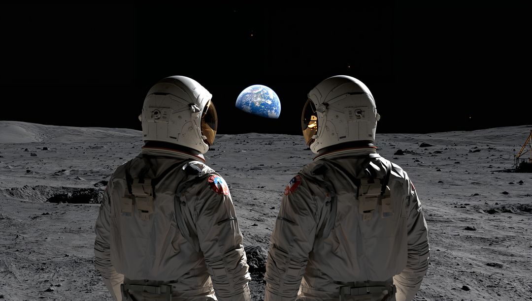Astronauts Watching Earthrise on Moon Surface with Lander and Gold Visors