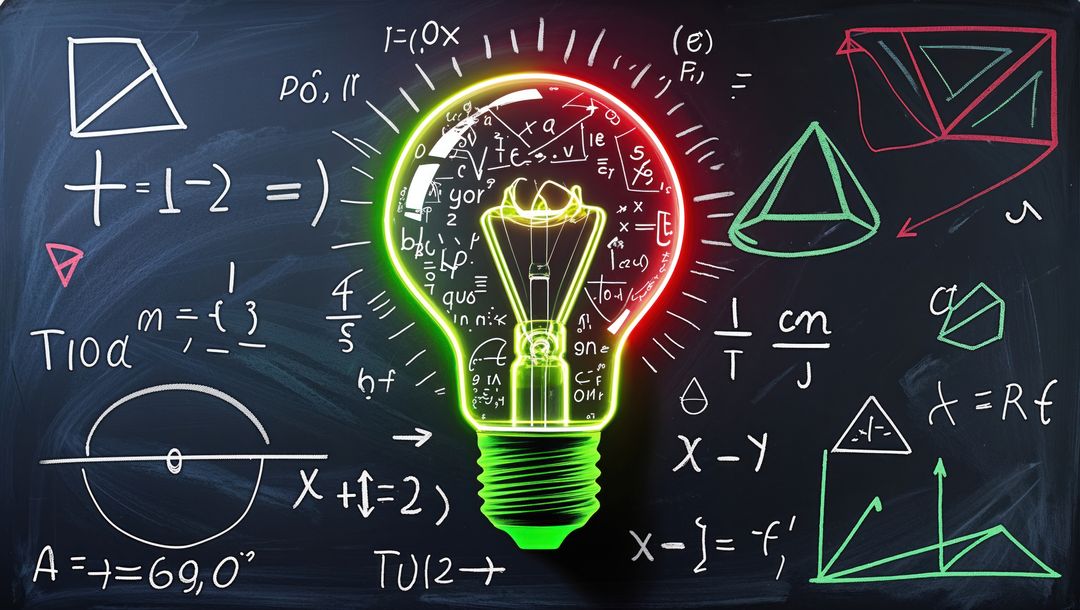 Neon Lightbulb with Math Diagrams on Chalkboard Inspiration