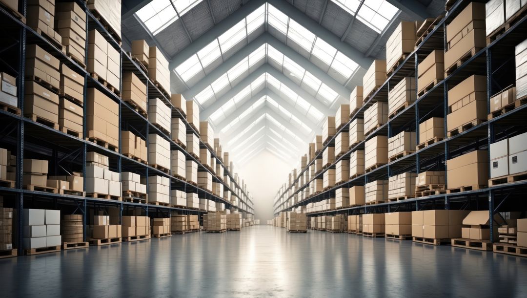 Wide Aisle Stretching Across Warehouse with Skylight and Storage Racks