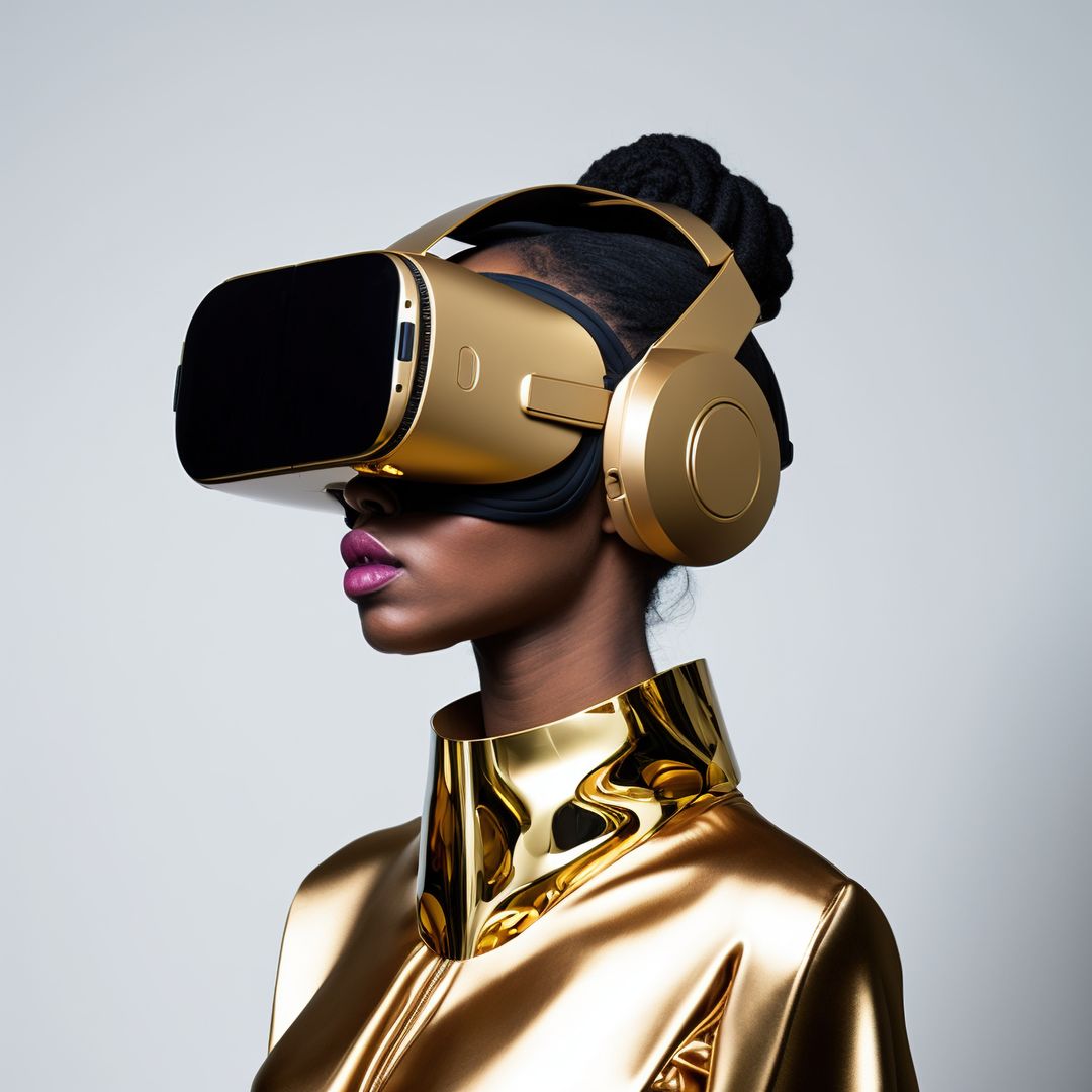 African american woman in gold jacket and gold vr headset, created using generative ai technology - Free Images, Stock Photos and Pictures on Pikwizard.com