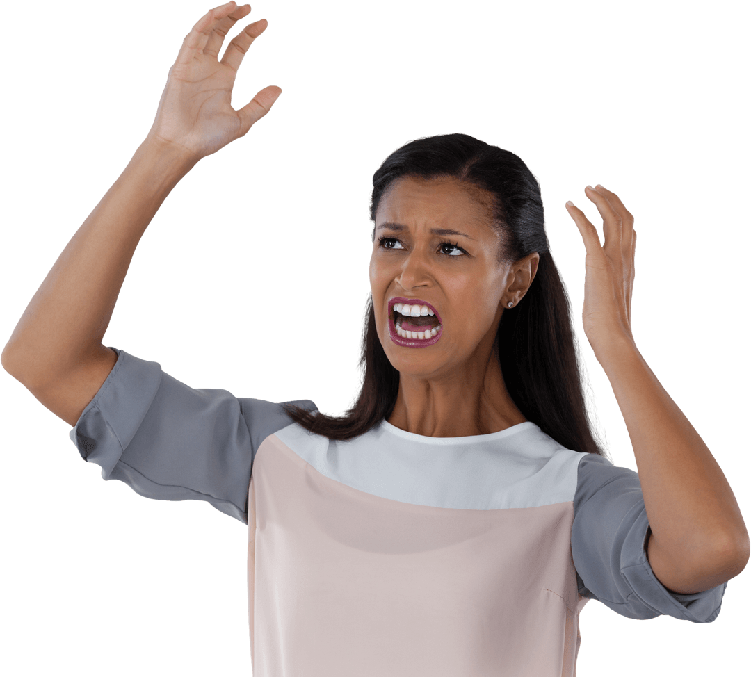Angry Biracial Woman Screaming With Arms Raised on Transparent Background