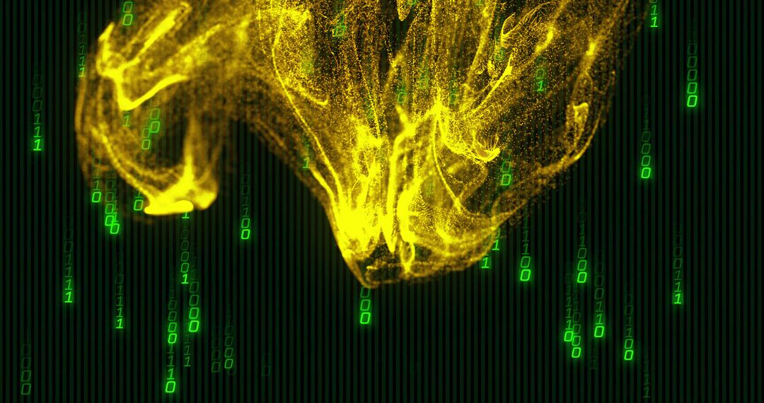 Swirling Yellow Particle Cloud with Streaming Binary Code