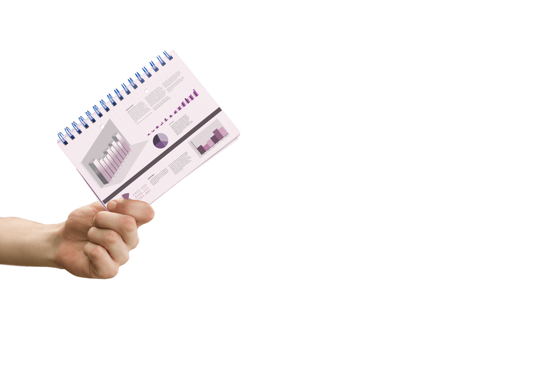 Hand Holding Notebook with Data Diagrams on Transparent Background