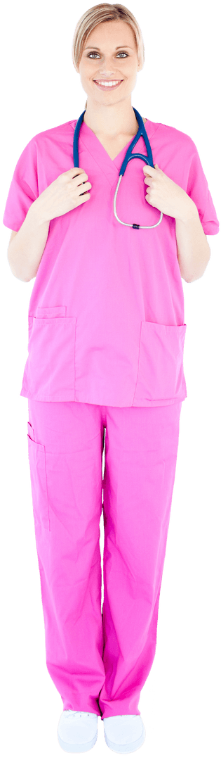 Confident Healthcare Professional in Pink Uniform Holding Stethoscope Transparent