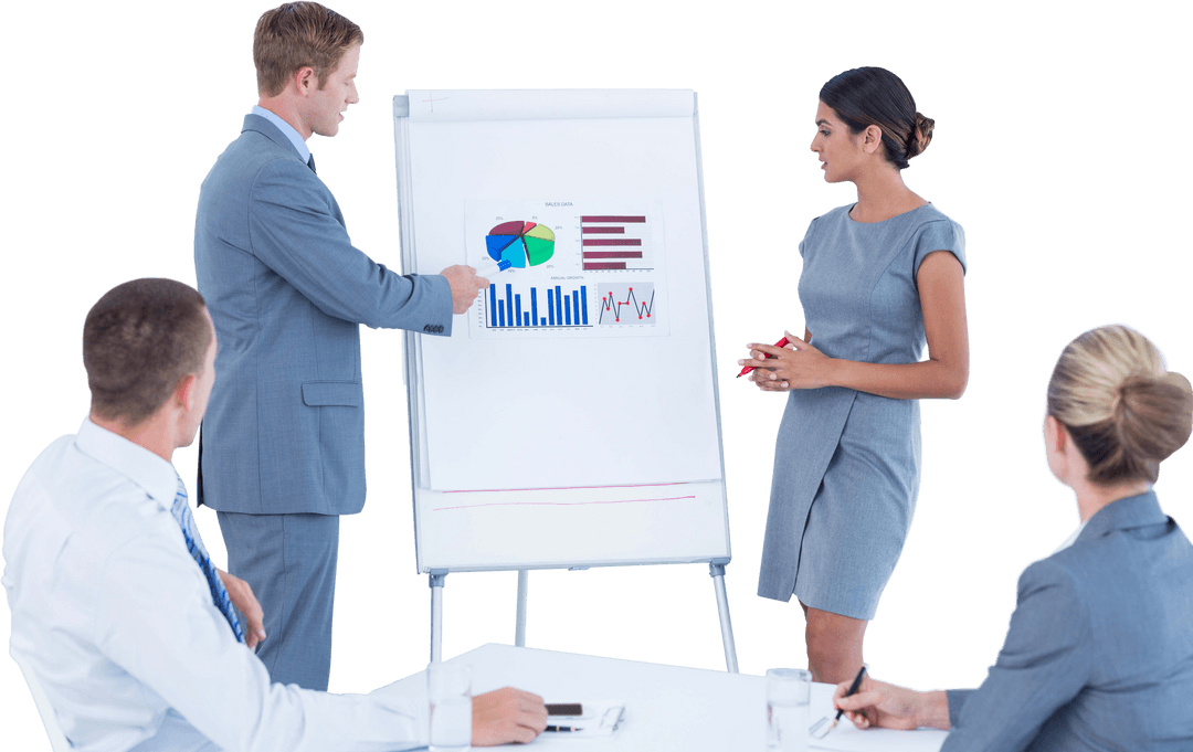 Transparent Business Team Discussing Statistics and Growth Strategy