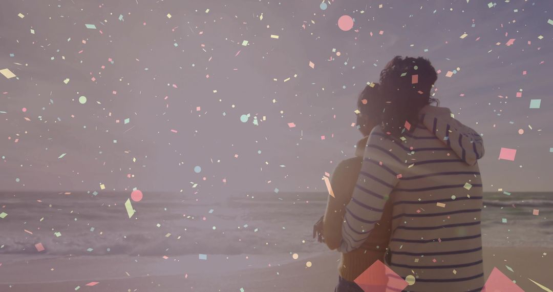 Couple Embracing on Beach at Sunset with Confetti Overlay