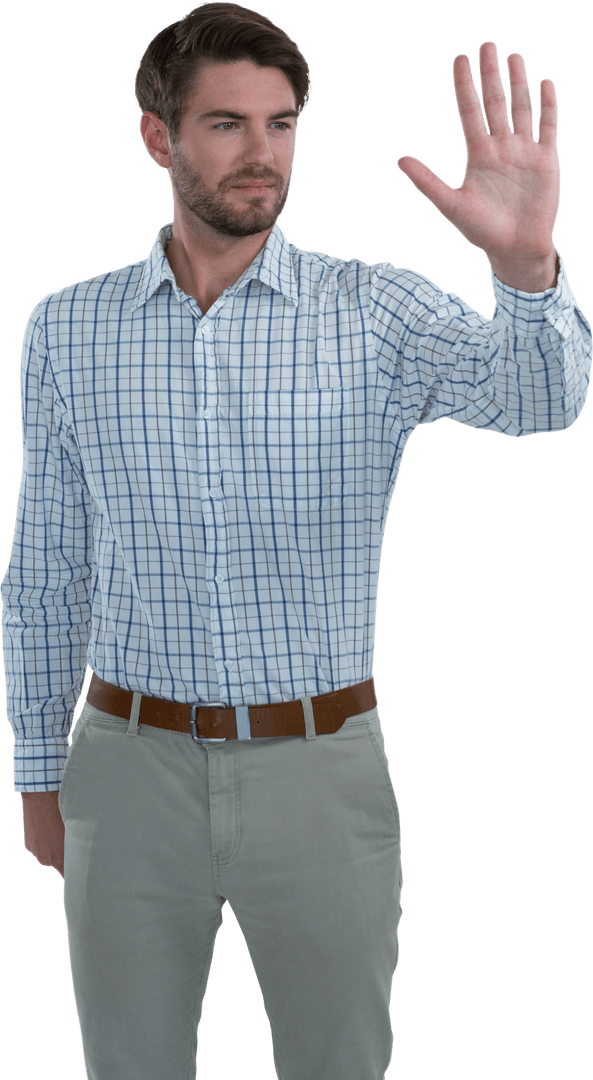 Transparent Businessman Gesturing Stop Wearing Checked Shirt