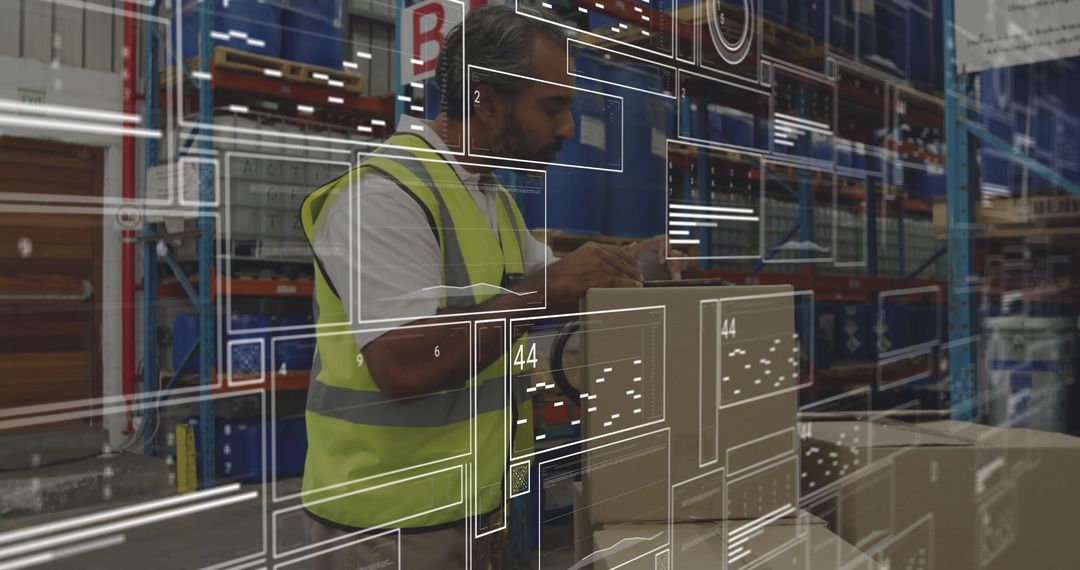 Warehouse Worker Scanning Boxes with Digital Interface Overlay