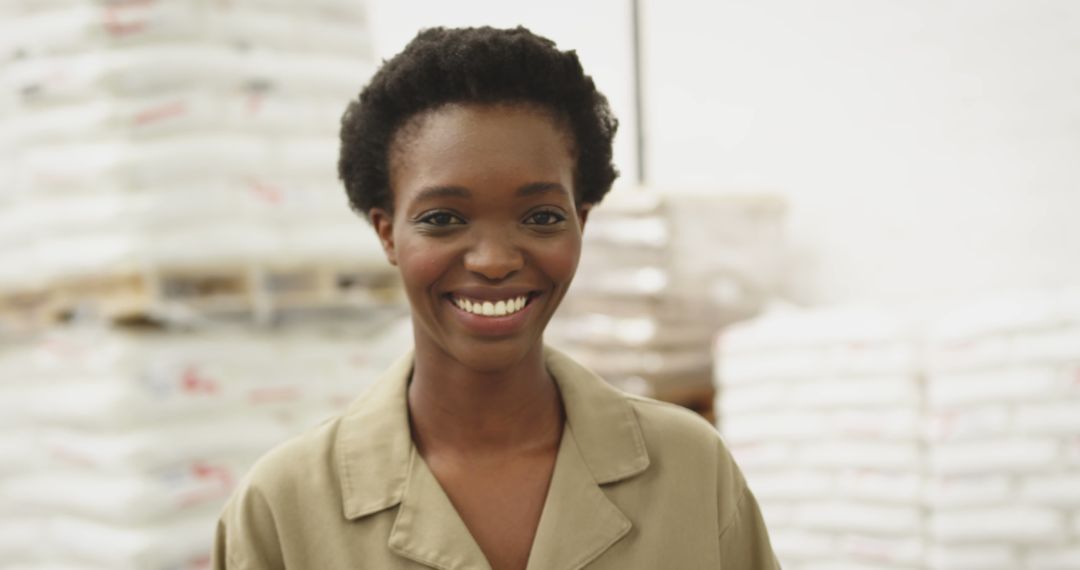 Confident African American Female Warehouse Employee Smiling - Free Images, Stock Photos and Pictures on Pikwizard.com