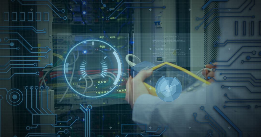 Hands Checking Computer Wires With Digital Interface Overlay