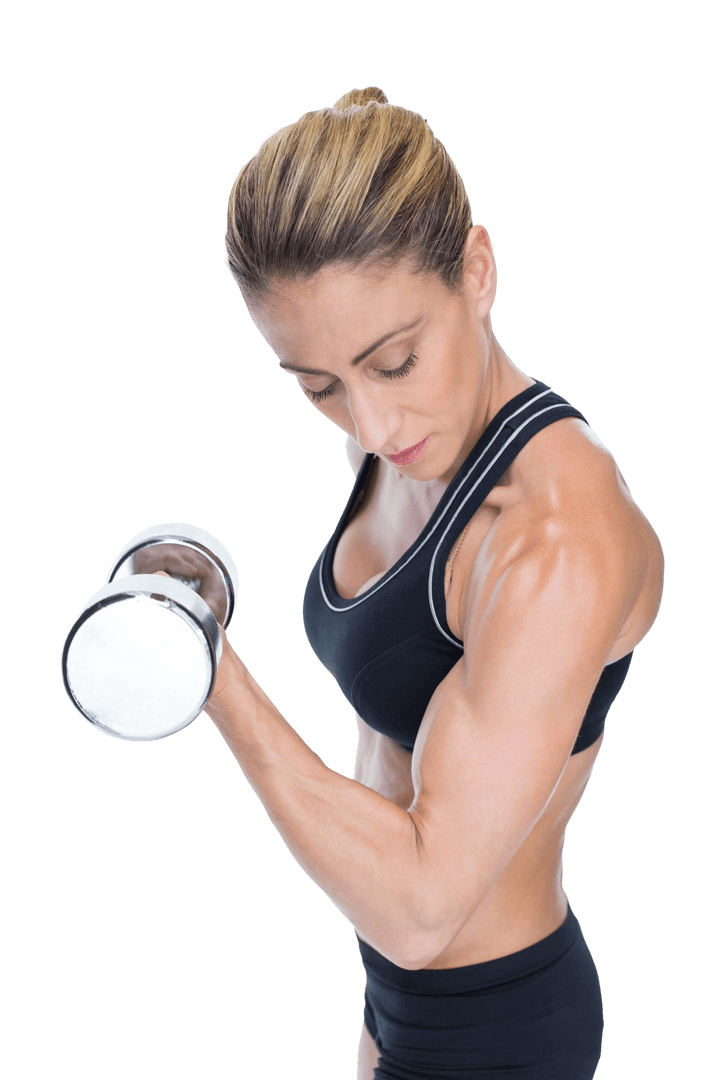 Strong Female Bodybuilder Holding Dumbbell with Focused Look