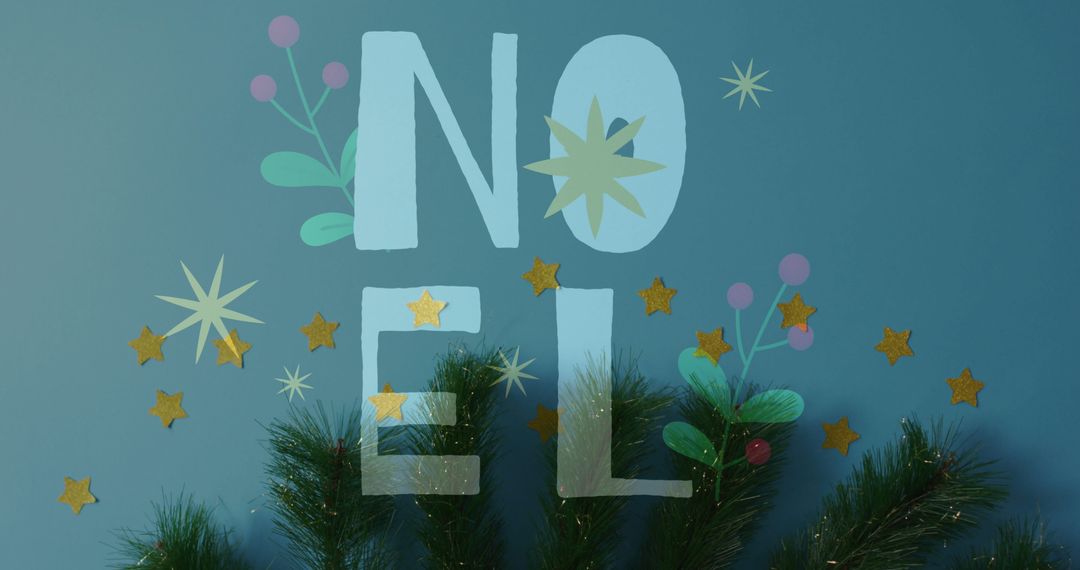 Noel Text with Christmas Elements and Stars on Blue