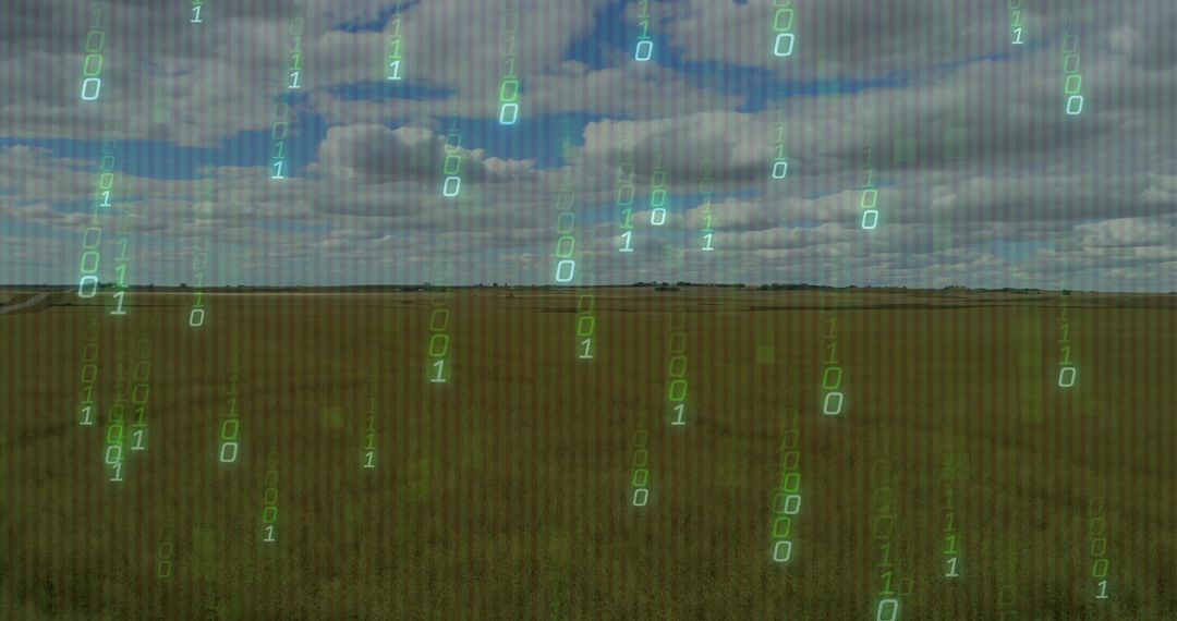 Binary Code Overlays Verdant Farmlands with Cloudy Backdrop