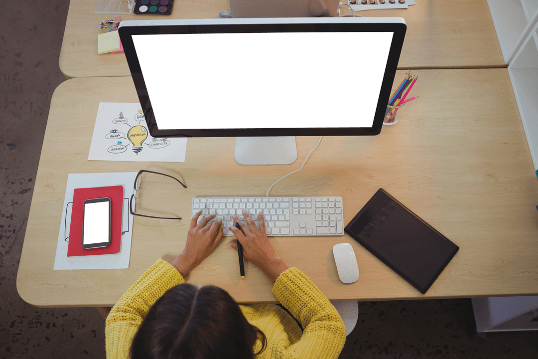 Transparent Office Creative Designer Working on Desktop