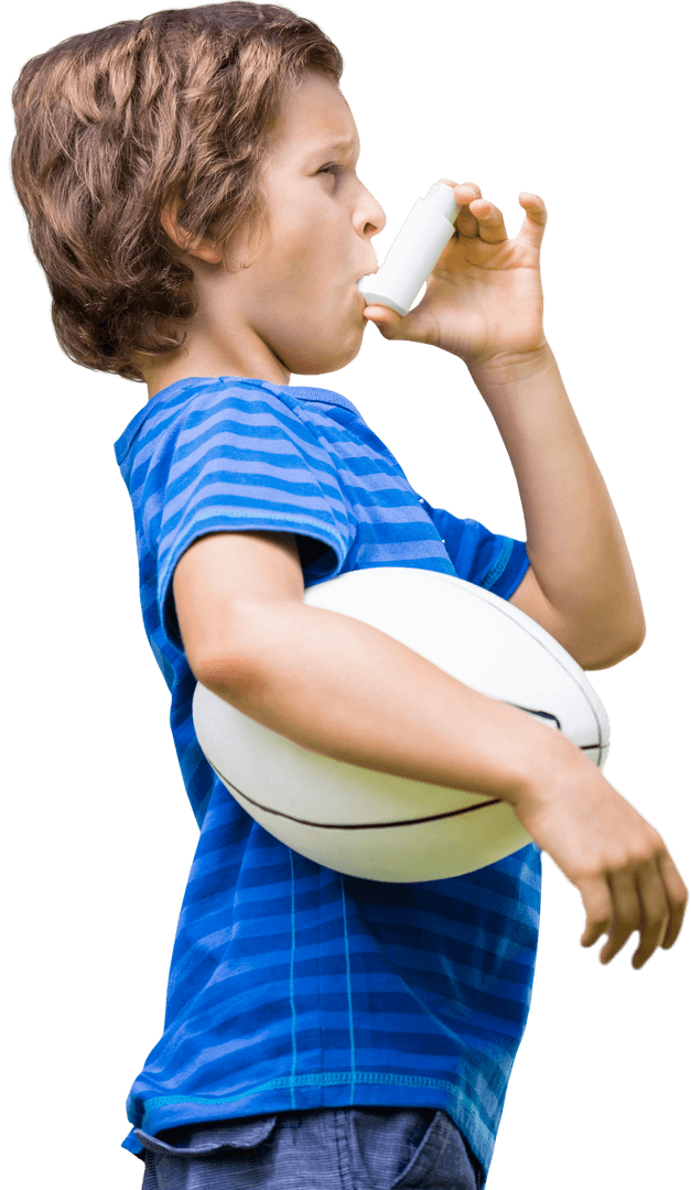 Transparent Young Boy with Volleyball Using Asthma Inhaler