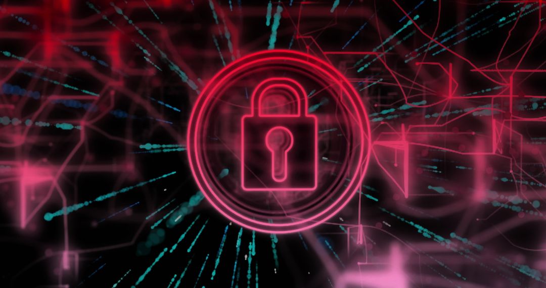Glowing Pink Padlock Icon in Virtual Network Cybersecurity Concept