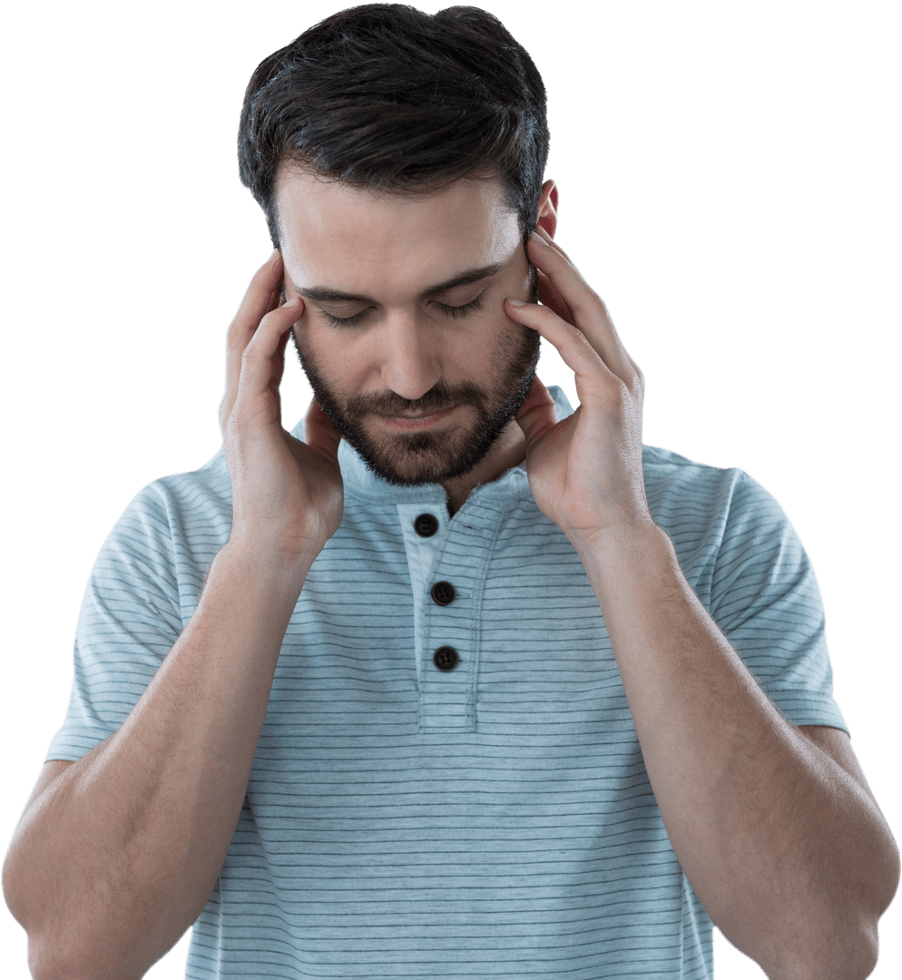 Transparent Image of Stressed Man Touching Temples for Clarity