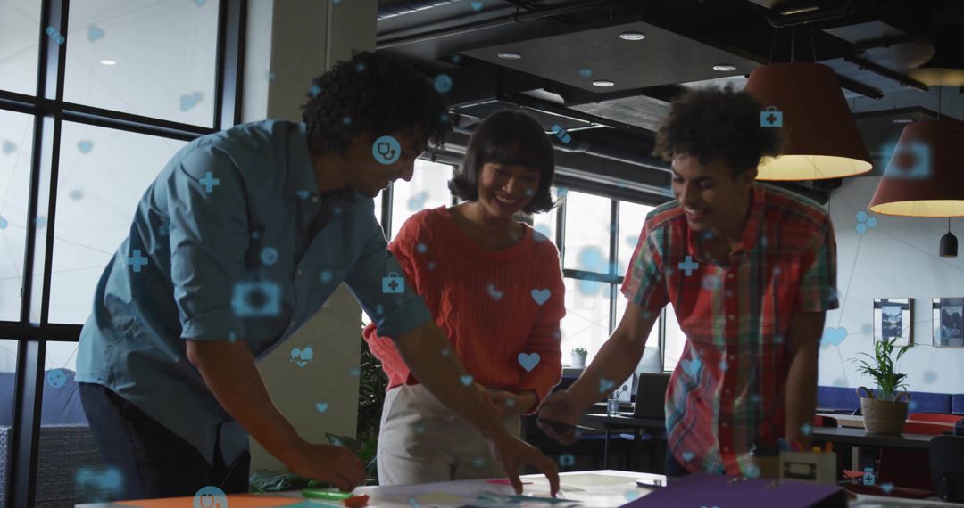 Diverse Professionals Collaborating with Digital Innovation in Office