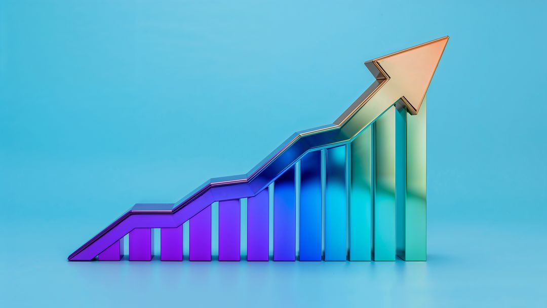 Colorful 3D Bar Chart with Upward Arrow and Blue Background