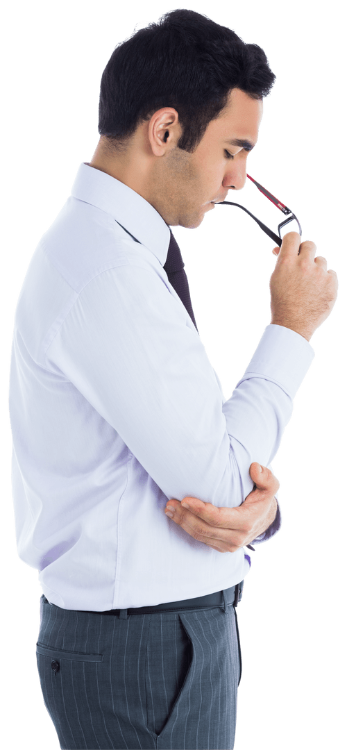 Contemplative Business Professional Holding Glasses on Transparent Background
