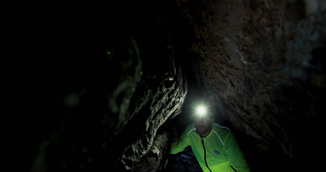 Explorer Wearing Headlamp Navigating Dark Cave - Free Images, Stock Photos and Pictures on Pikwizard.com