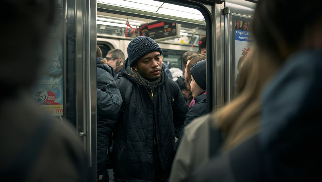 Commuting Inside a Busy Winter Subway