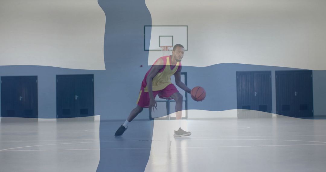 Basketball Player in Action with Finnish Flag Overlay