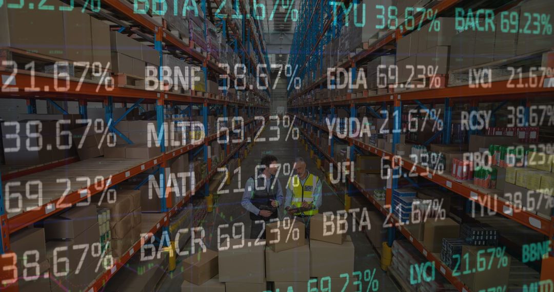 Warehouse Employees Working with Digital Data Overlay