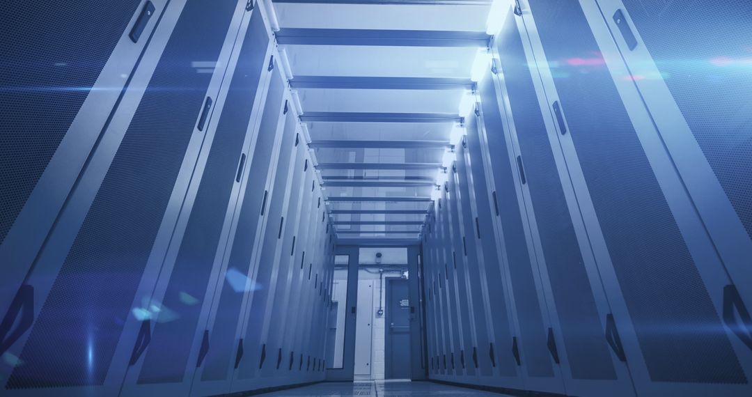 Modern Data Center with Blue Neon Lighting