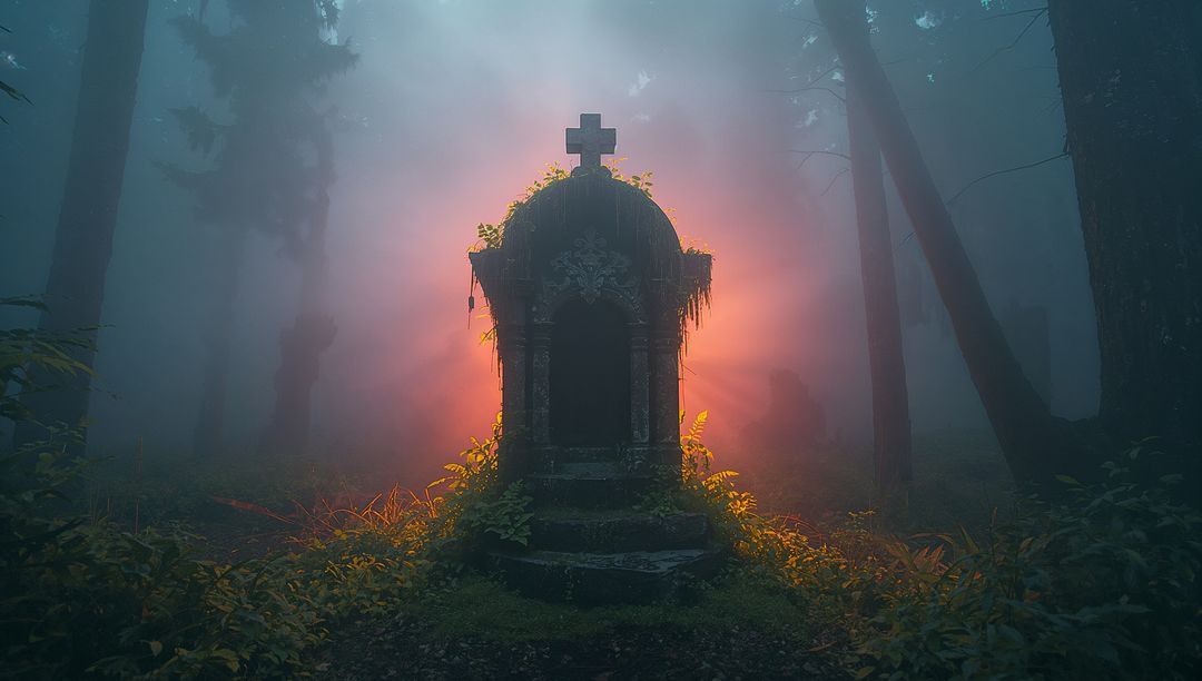 Mysterious Glowing Mausoleum in Foggy Forest at Sunrise