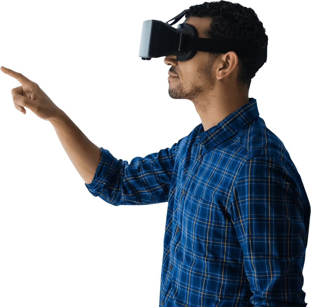 Transparent view of man using virtual reality simulator