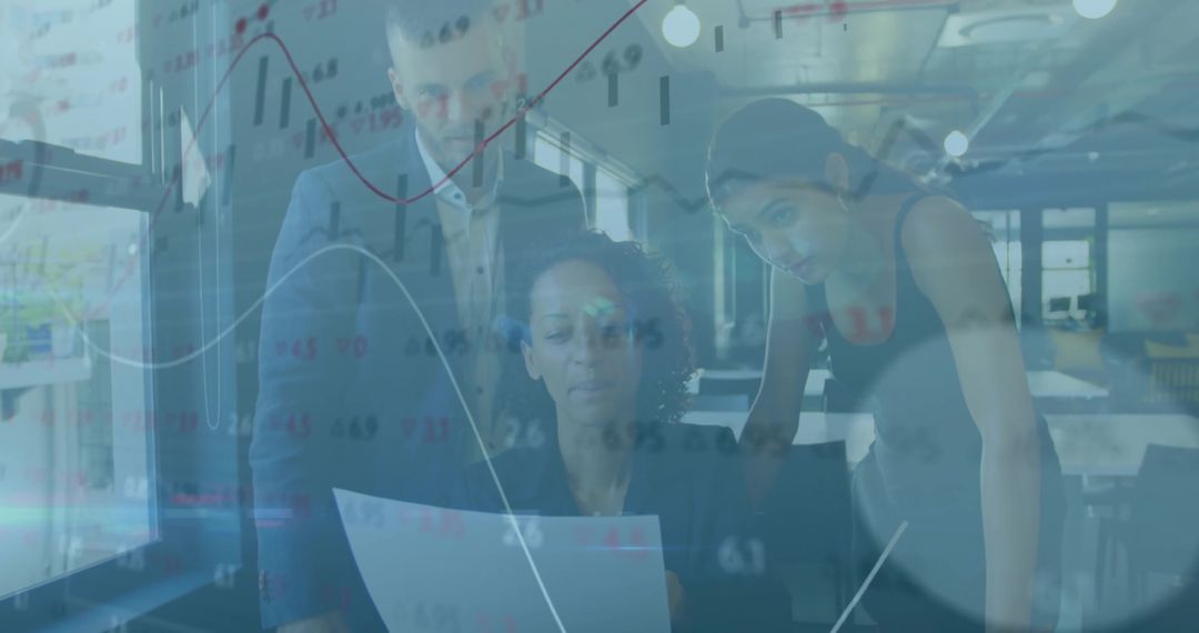 Business Team Analyzing Charts with Visual Data Overlay in Modern Office