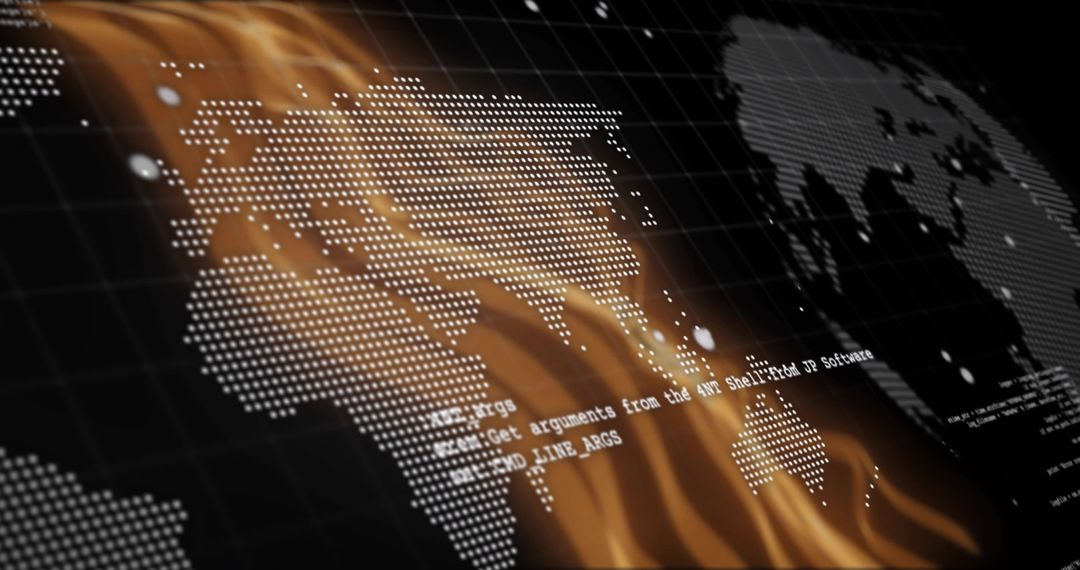 Futuristic Dotted World Map with Flame Effects and Digital Code
