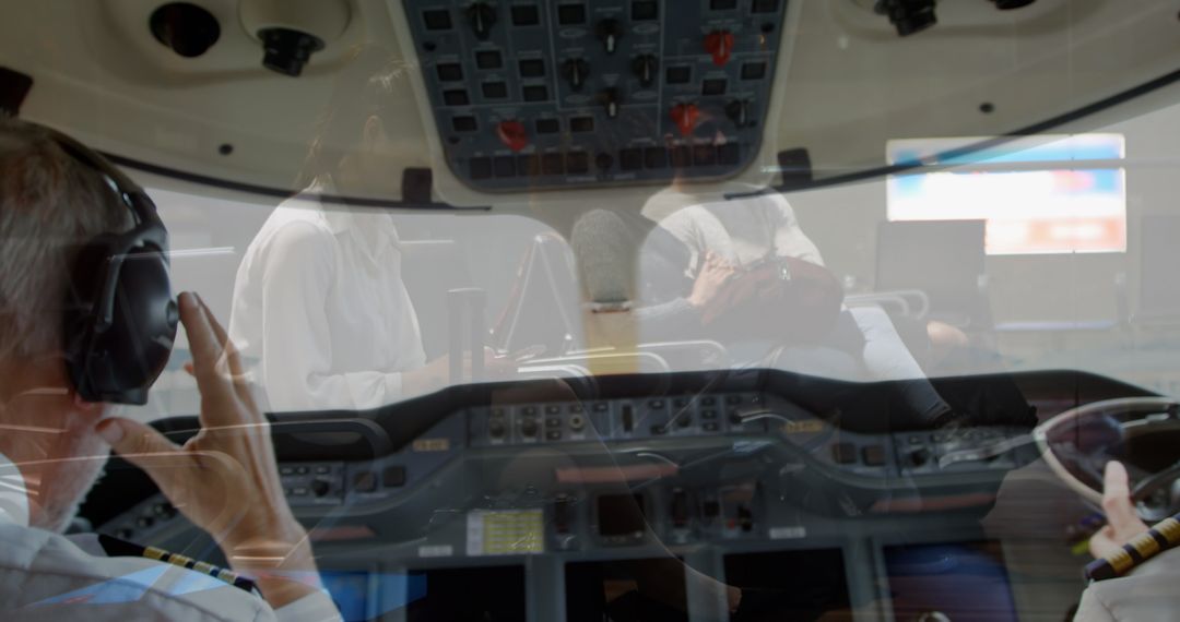 Corporate Jet Cockpit with Pilots Operating Controls