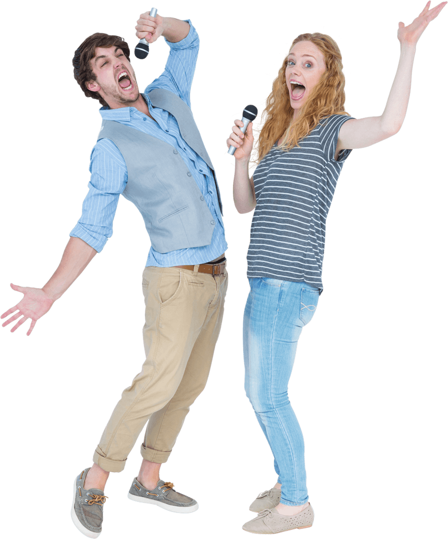 Energetic Couple Singing Cheerfully on Transparent Background