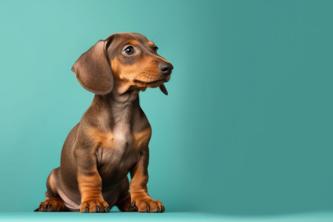 Adorable Dachshund Puppy Sitting Against Teal Background - Free Images, Stock Photos and Pictures on Pikwizard.com