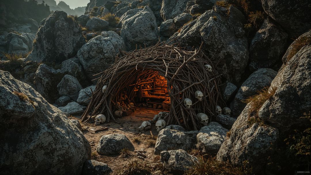 Rustic Wicker Hut with Skulls in Remote Mountain Wilderness