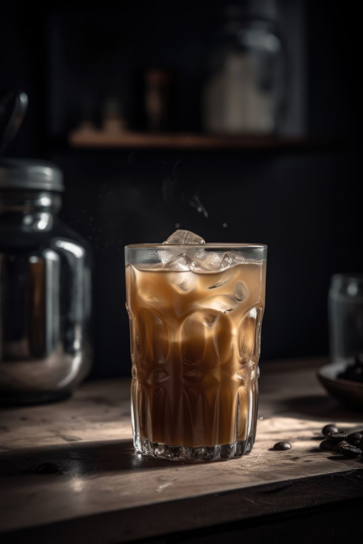 Iced Coffee Glass with Ice Cubes on Wooden Kitchen Table in Cozy Setting - Free Images, Stock Photos and Pictures on Pikwizard.com