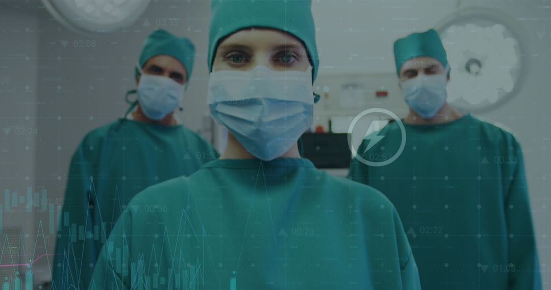Surgeon Team in Operation Theatre with Digital Data Overlay