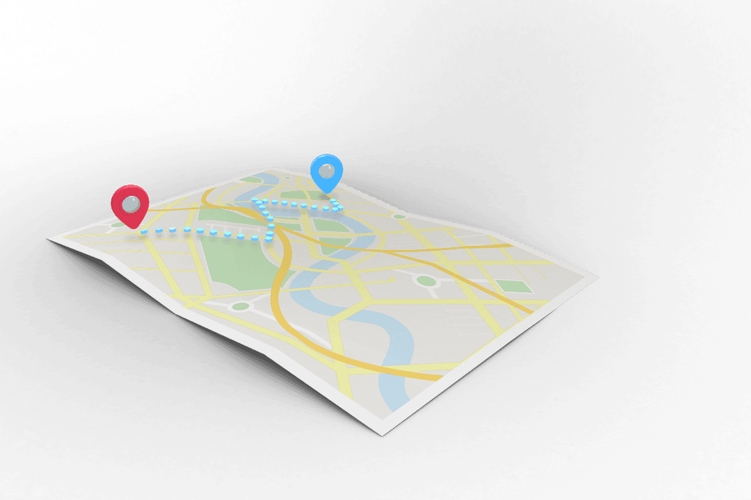 Transparent Routed Map with Red Blue Location Pins