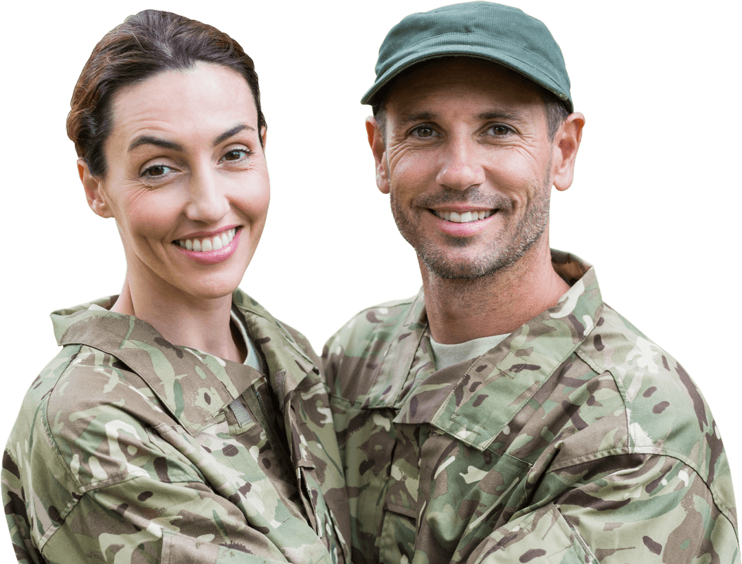 Smiling Caucasian Couple in Military Uniforms on Transparent Background