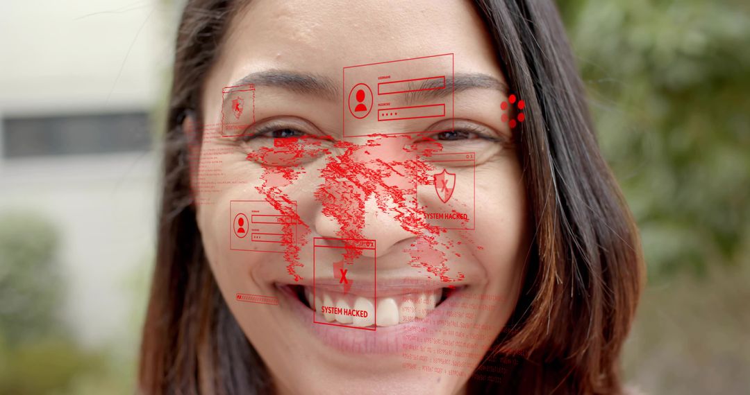 Smiling woman wearing augmented reality cybersecurity overlays showing global hack alerts